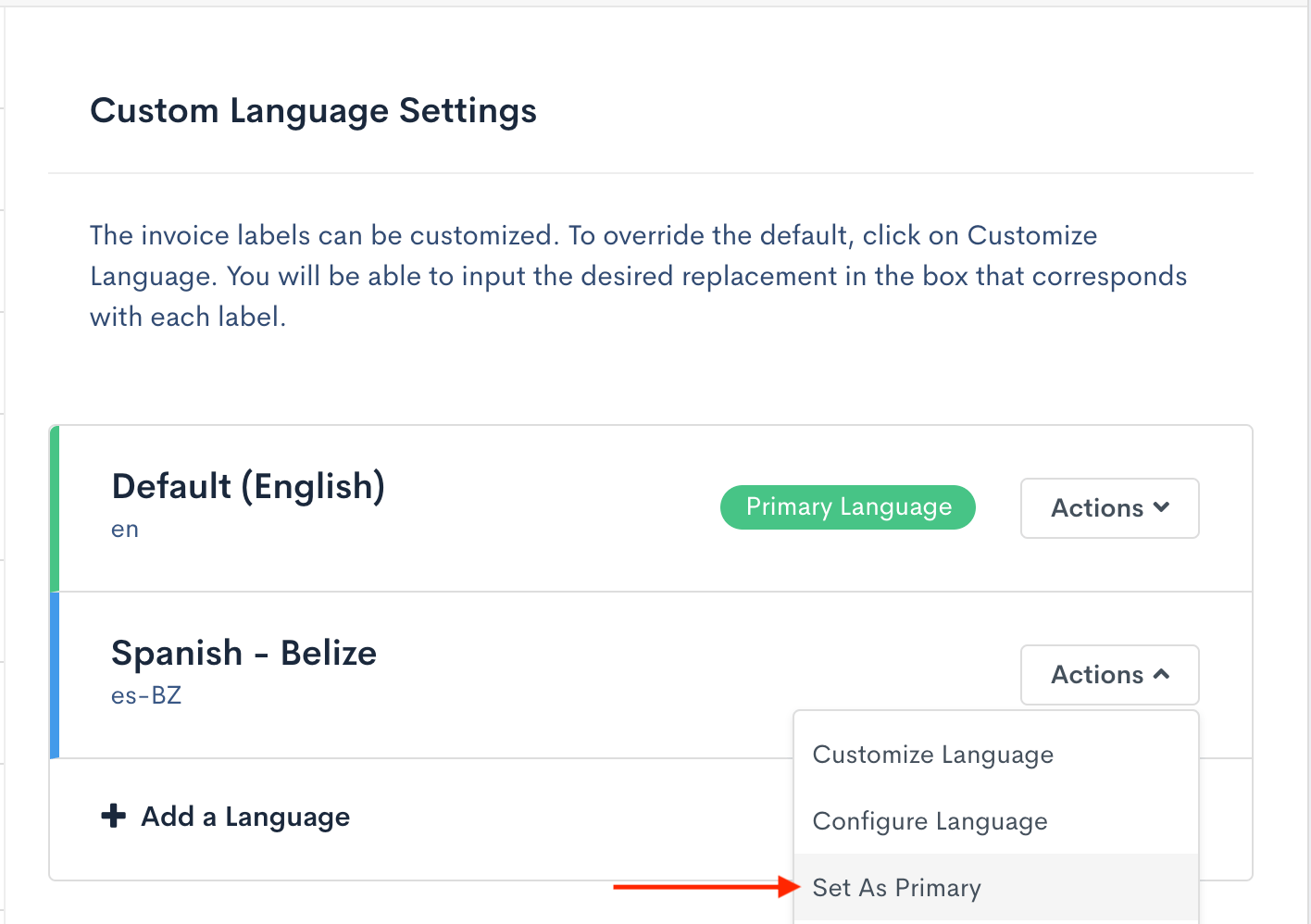 Language settings Actions menu with Set As Primary arrowed