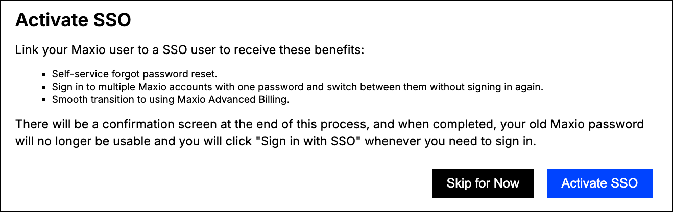 Activate SSO panel listing its benefits, including self-service password reset and signing in to multiple Maxio accounts
