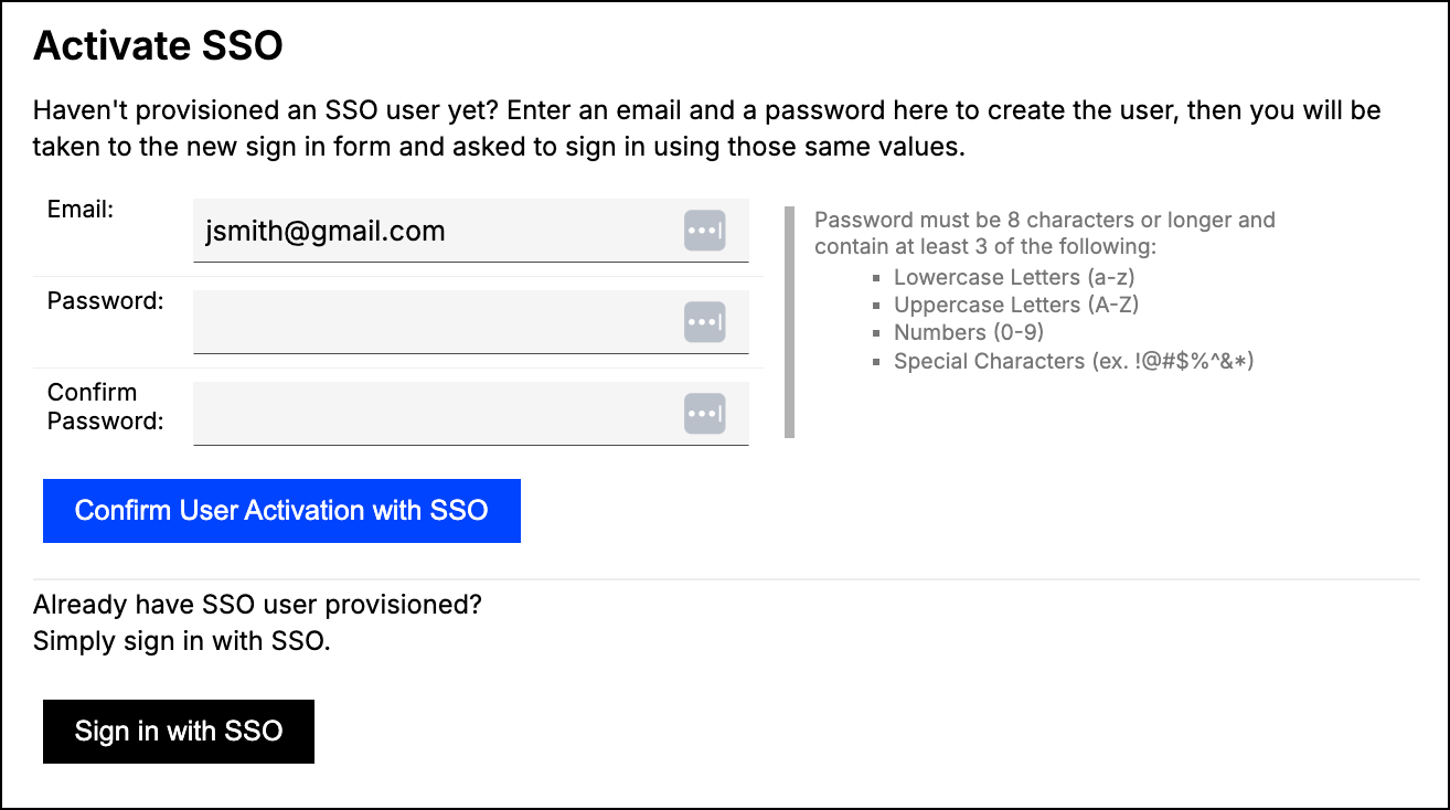 Activate SSO credential form with email and password fields beside the password requirements