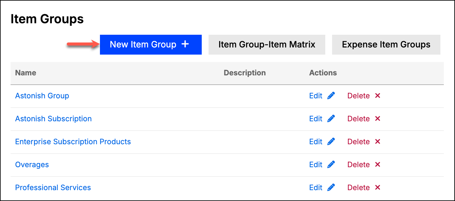 Item Groups list with controls for a new group, the group-item matrix and expense item groups