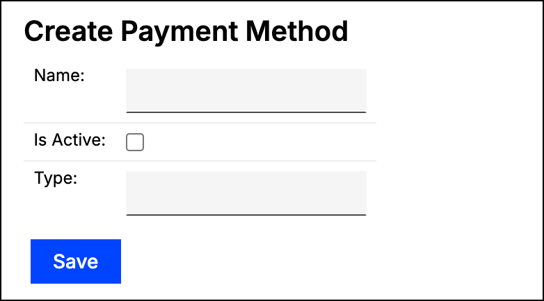 Create Payment Method dialog with name, active and type fields