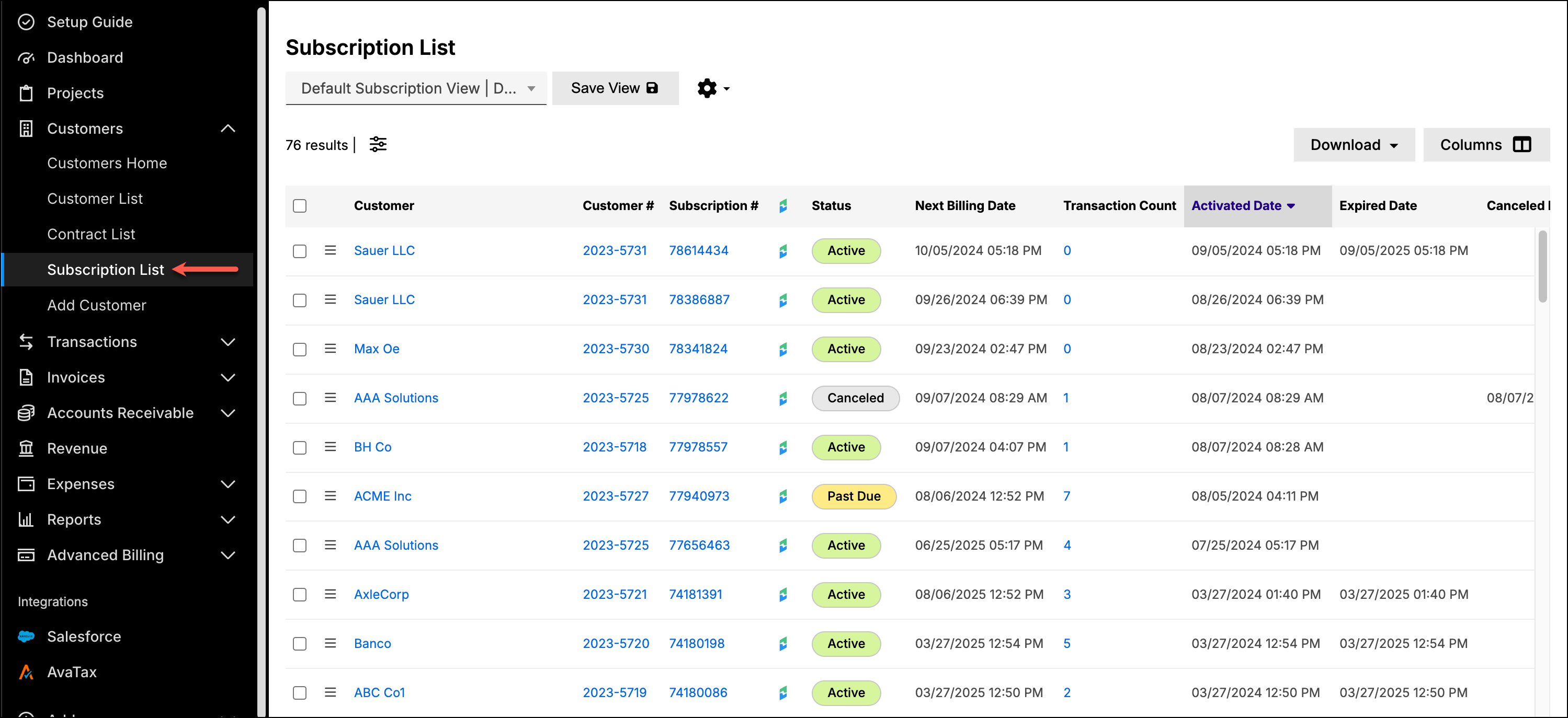 a Subscription List page with its saved-view selector, Save View, Download and Columns controls and the result count