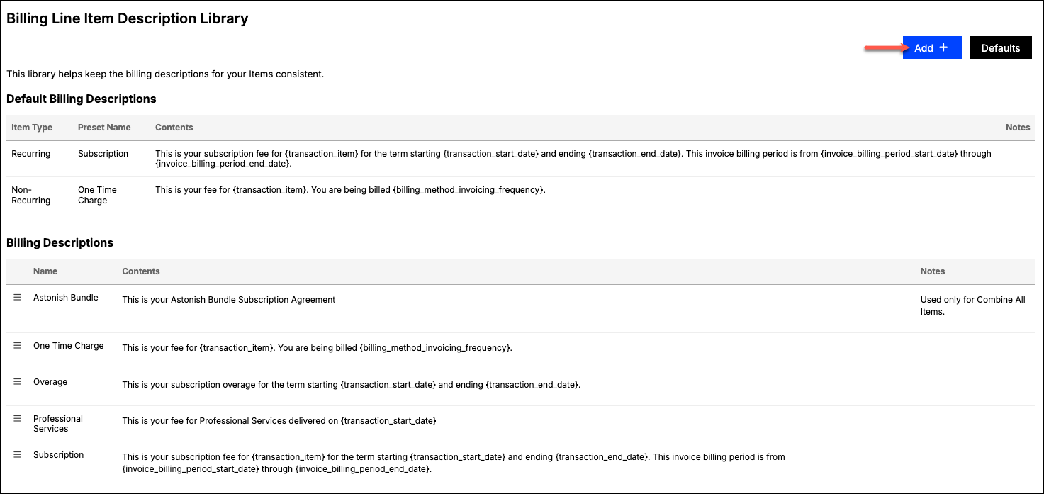 Billing Line Item Description Library screen, showing the default descriptions and the description list