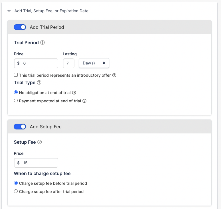 the Add Trial, Setup Fee, or Expiration Date section expanded, with Add Trial Period switched on