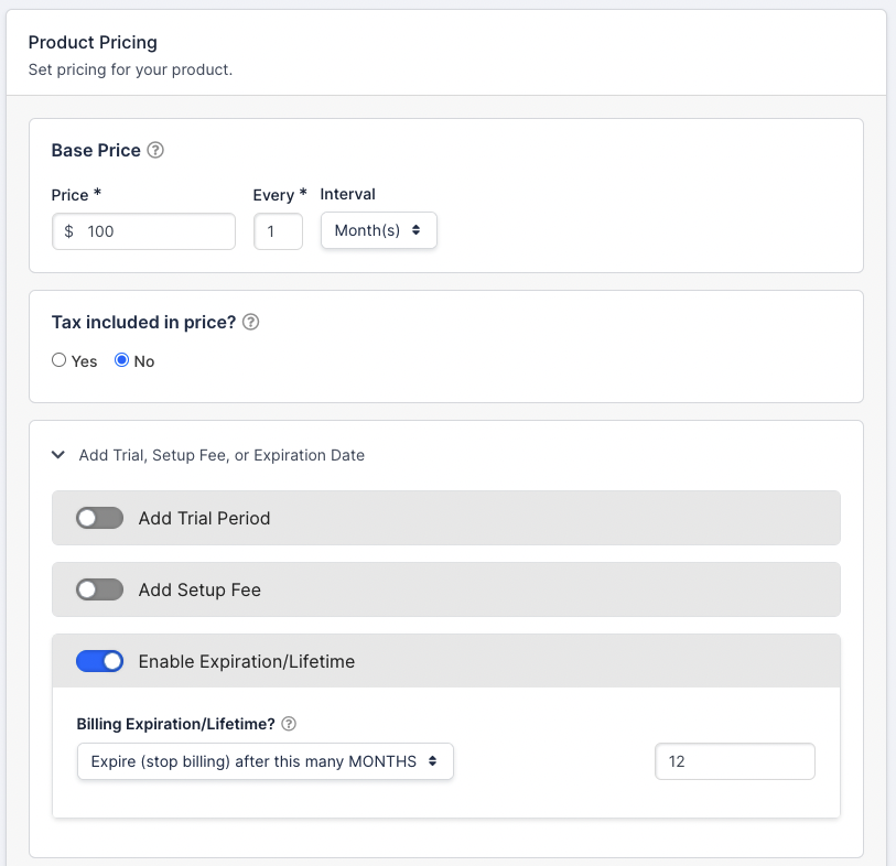 a Product Pricing panel with a $100 monthly base price and Enable Expiration/Lifetime switched on, set to expire after 12 months