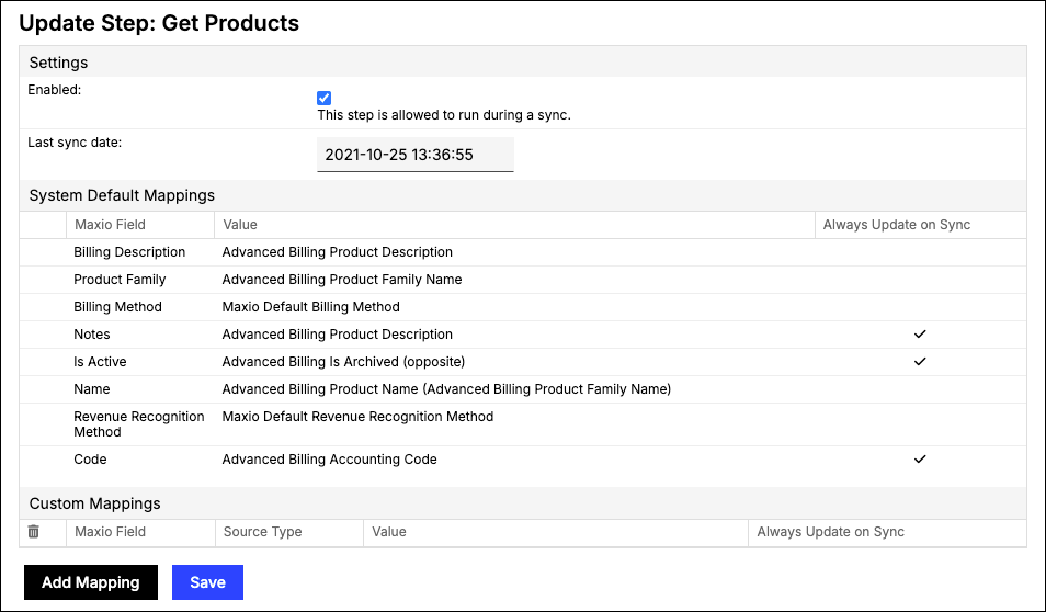 the Update Step page for Get Products, with Enabled ticked