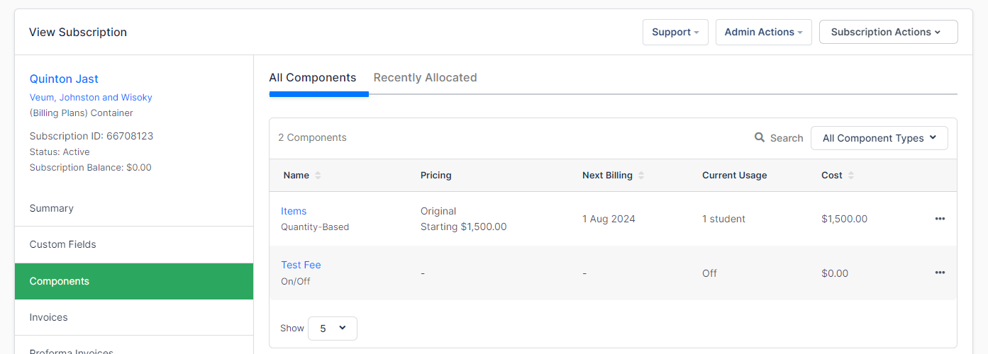 a subscription's All Components tab, listing each component with its pricing, next billing and current usage