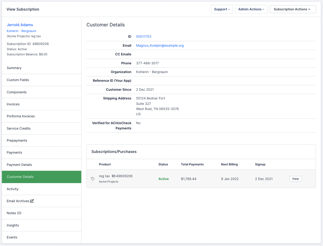 a subscription's Customer Details tab, showing the contact's email, phone and organization