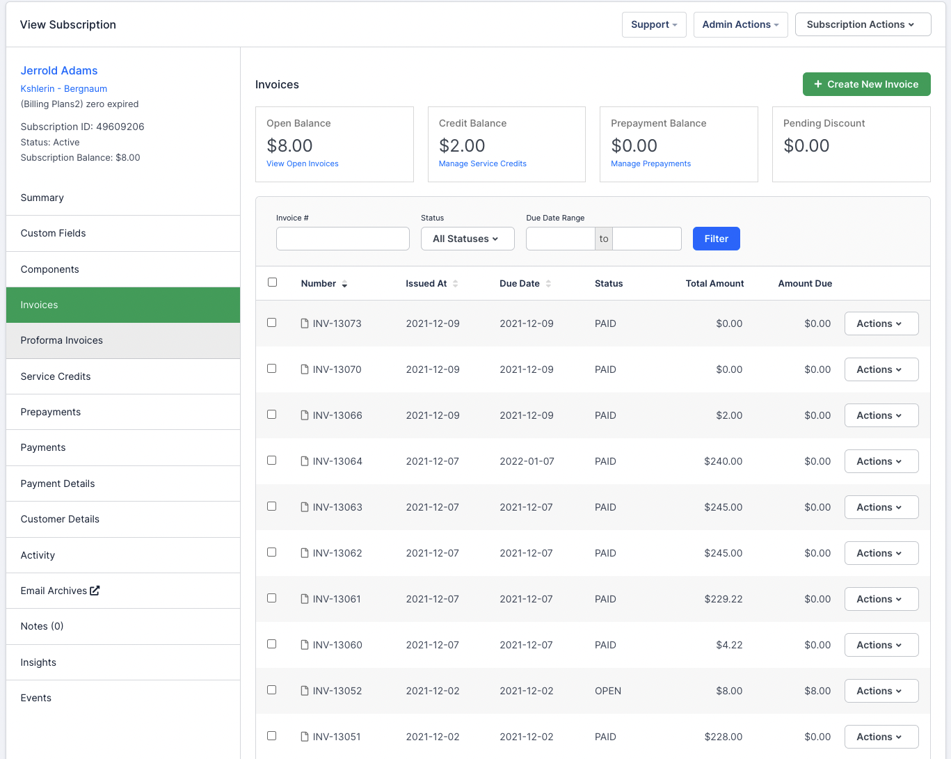 a subscription's Invoices tab, with four balance tiles above the list and a Create New Invoice button