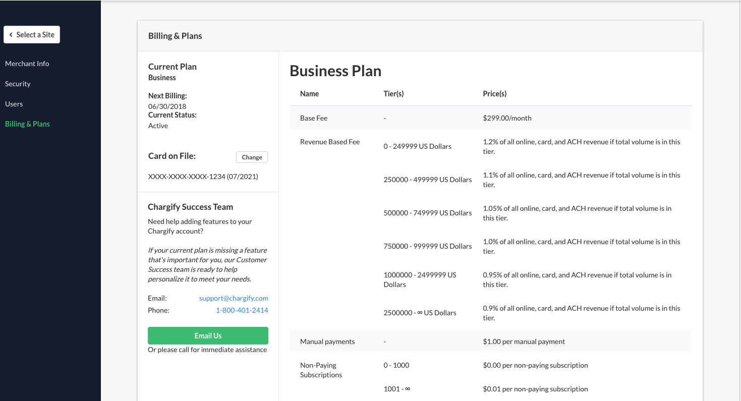 the Billing and Plans page showing the current Business plan and its next billing date