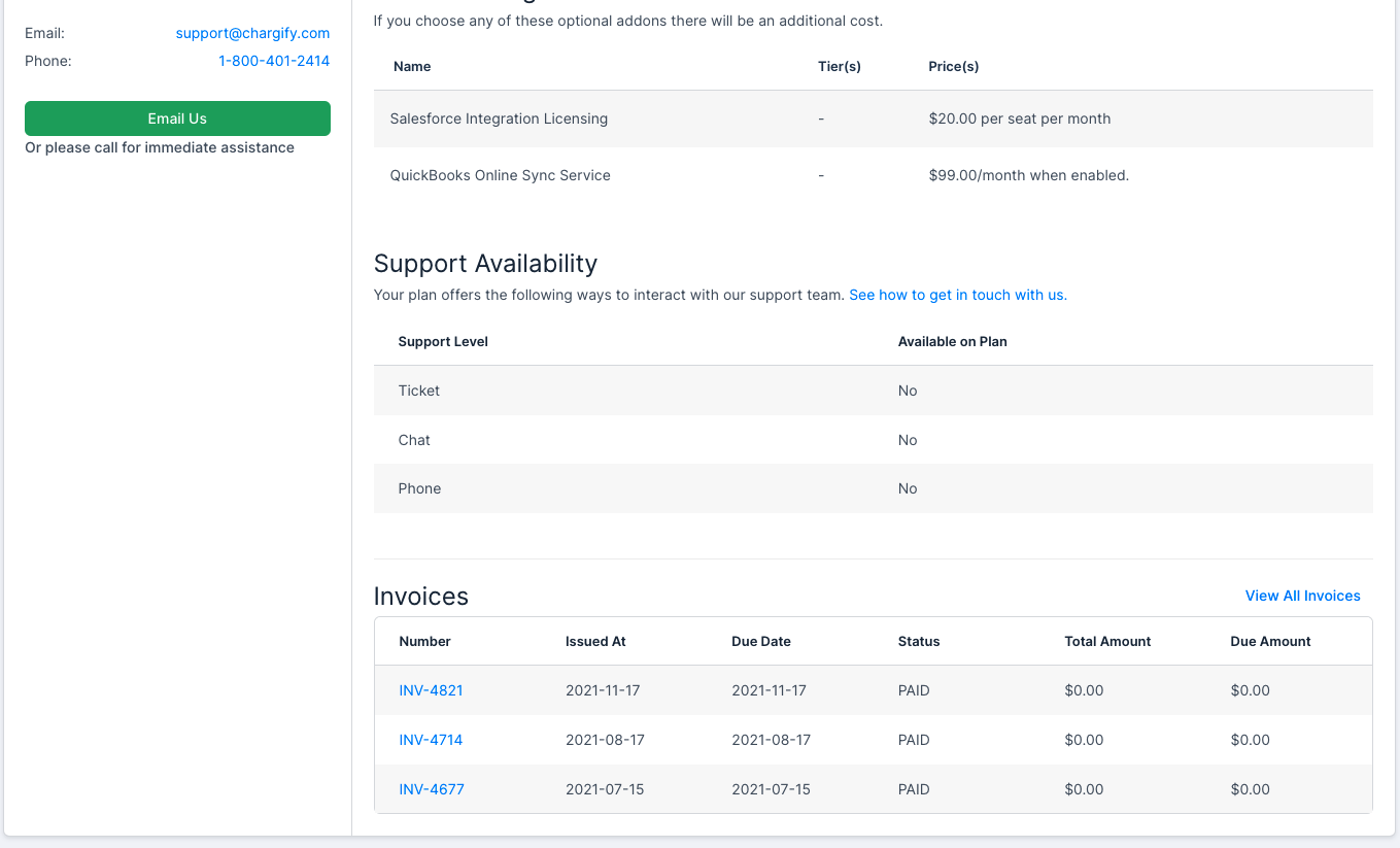 an Invoices table listing invoice numbers, issue and due dates, PAID status and amounts, below the add-on pricing and support availability tables