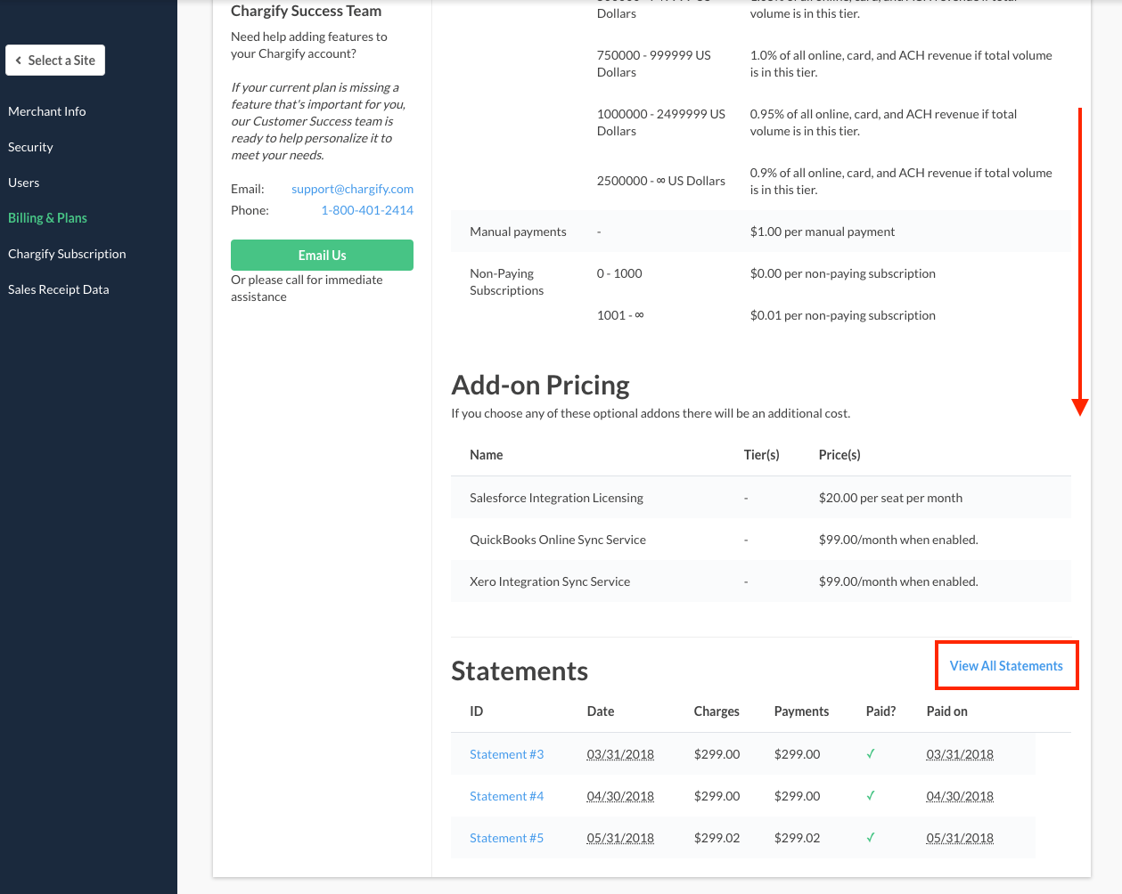 a Statements table listing statement IDs, dates, charges, payments and paid dates, with View All Statements highlighted, below the revenue-tier and add-on pricing tables
