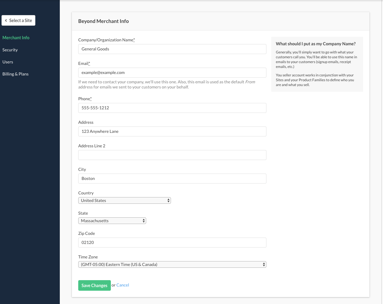 the Merchant Info form, with company name, email, phone and address fields