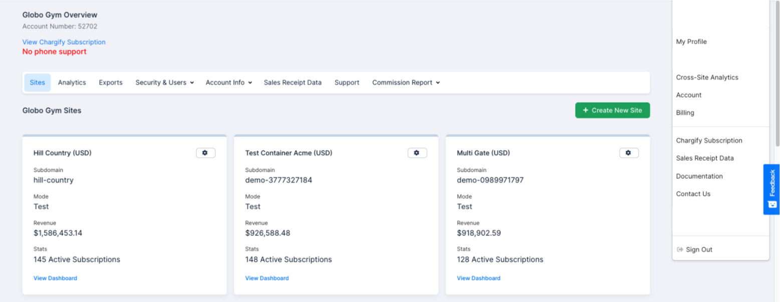 an account overview page, with a link through to the billing subscription and a Sites and Analytics tab bar