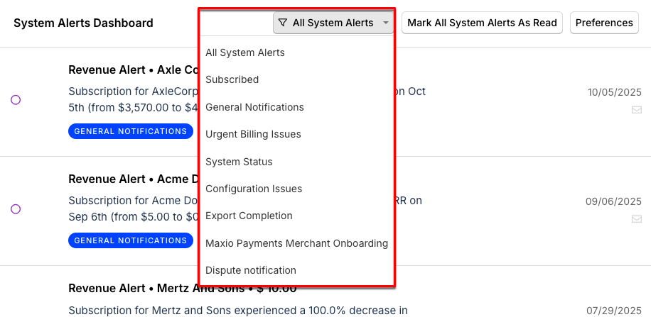 the All System Alerts drop-down expanded, offering filters for the alert list