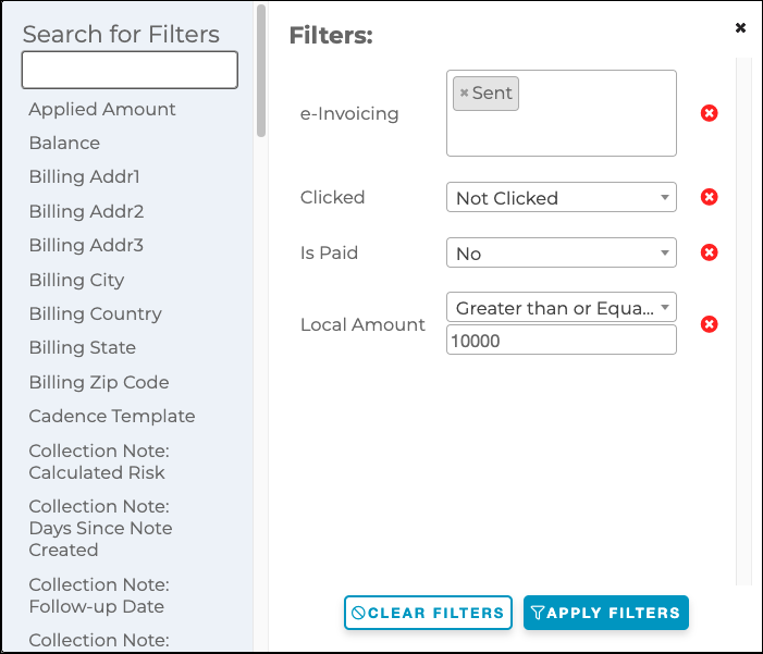 a filter pop-up with a searchable list of the fields available to filter on