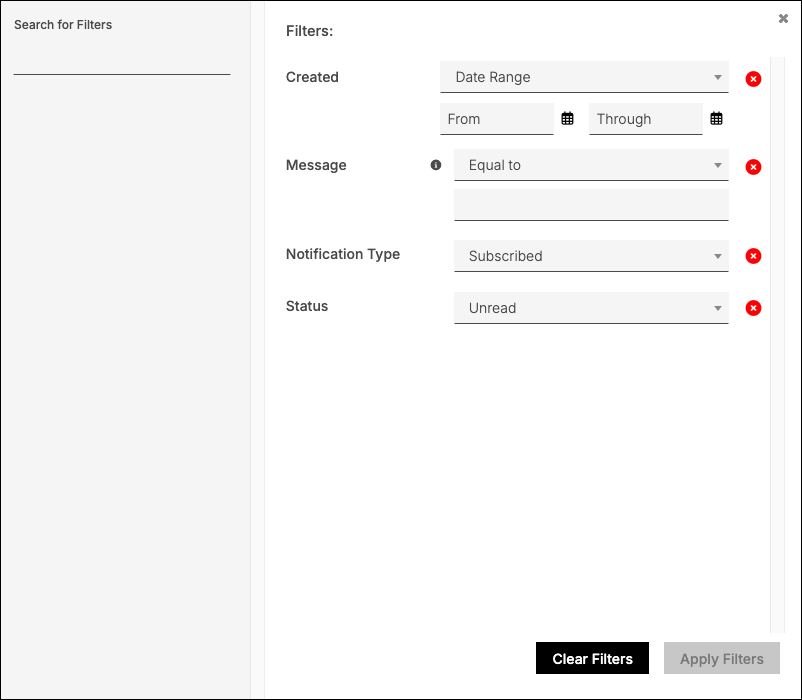 a filter panel with four filter rows built, including a Created date range with From and Through dates