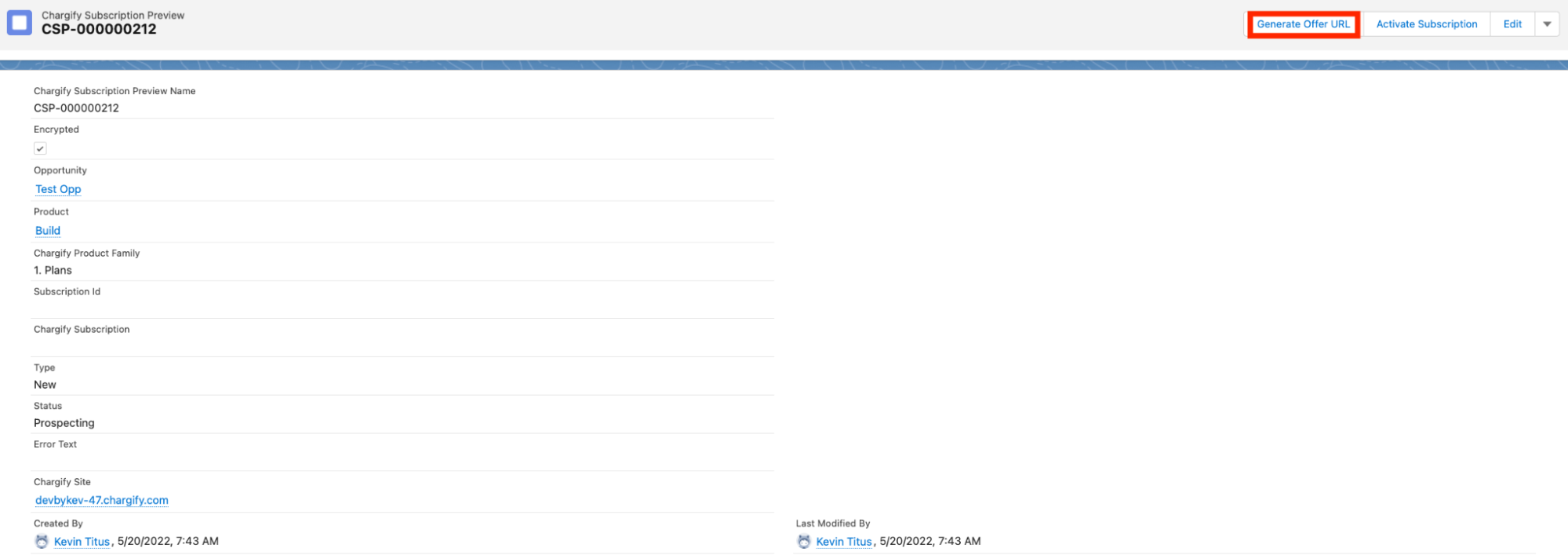 a Subscription Preview record with Generate Offer URL outlined in its button bar
