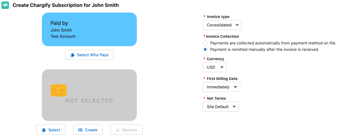 a Create Subscription screen in Salesforce, setting who pays, invoice type, collection, currency and net terms