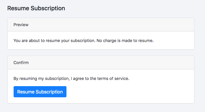 a Resume Subscription screen confirming that resuming carries no charge