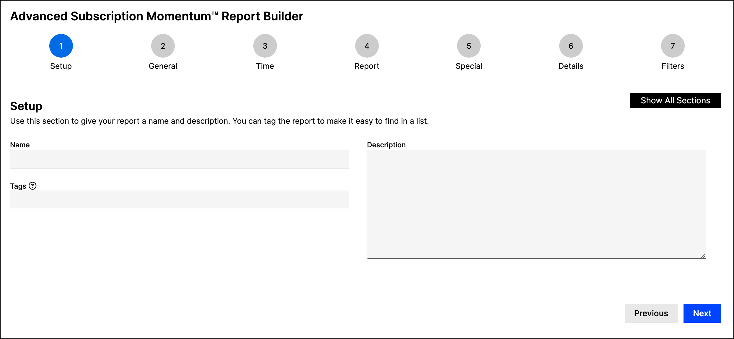 Setup wizard for Advanced Subscription Momentum Report