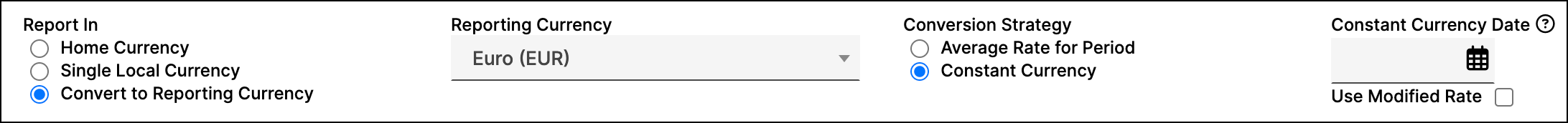 Report In set to Convert to Reporting Currency, Reporting Currency set to Euro, and a Conversion Strategy choice of average rate for period or constant currency