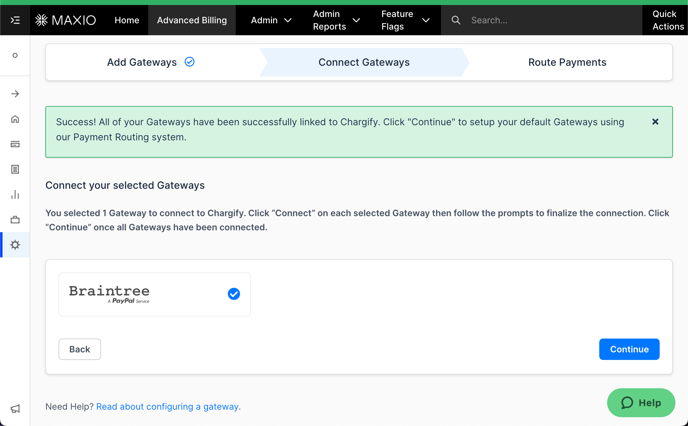 Connect Gateways step confirming the selected gateways are linked, with Braintree connected and a Continue button