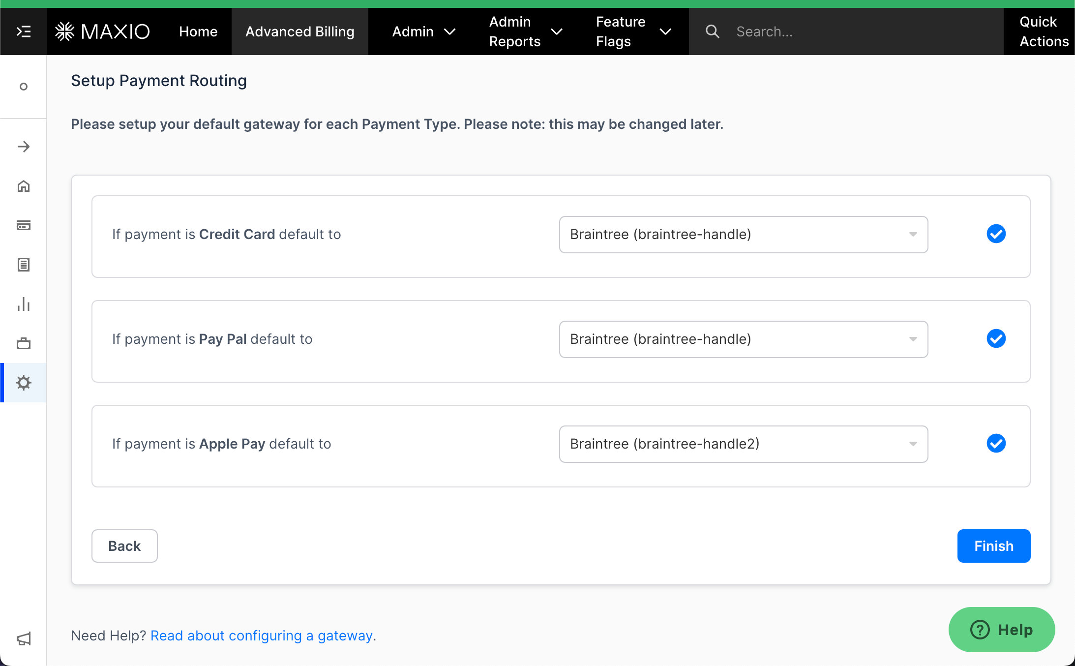 Setup Payment Routing mapping Credit Card, PayPal and Apple Pay each to a Braintree gateway handle