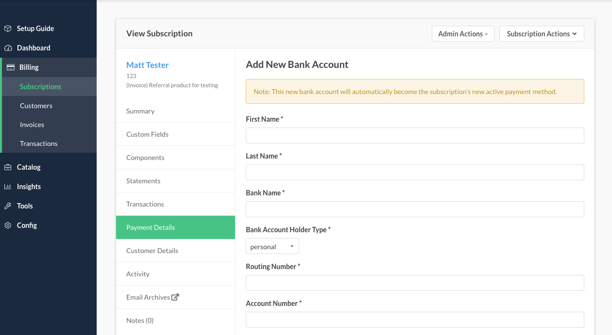 Add New Bank Account form, noting the new account automatically becomes the subscription's active payment method