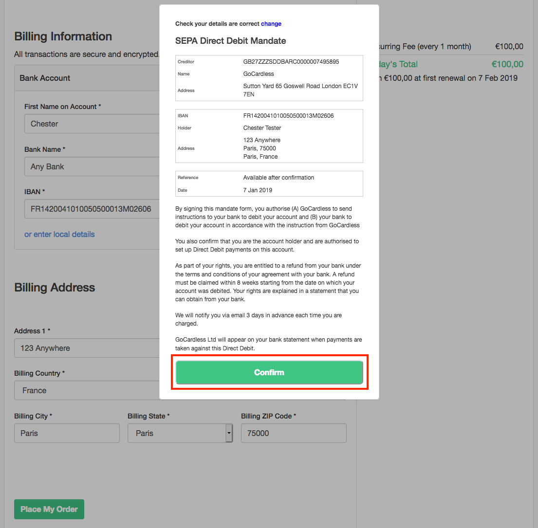 SEPA Direct Debit mandate confirmation listing the creditor identifier, the subscriber's IBAN and the authorization to debit the account