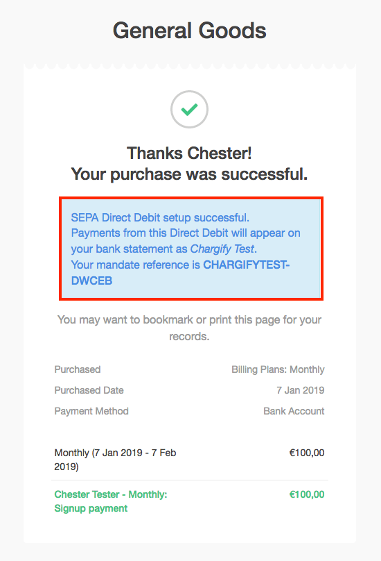 Thank-you page confirming SEPA Direct Debit setup, with the bank statement descriptor and the mandate reference highlighted