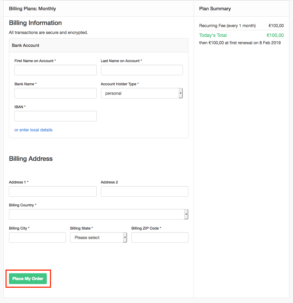 Public signup page with a bank account form and IBAN field beside a plan summary, with Place My Order highlighted