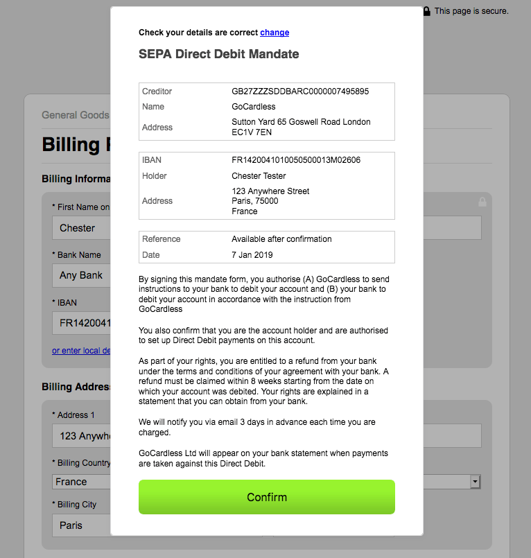 GoCardless mandate confirmation for a replacement bank account on an existing subscription