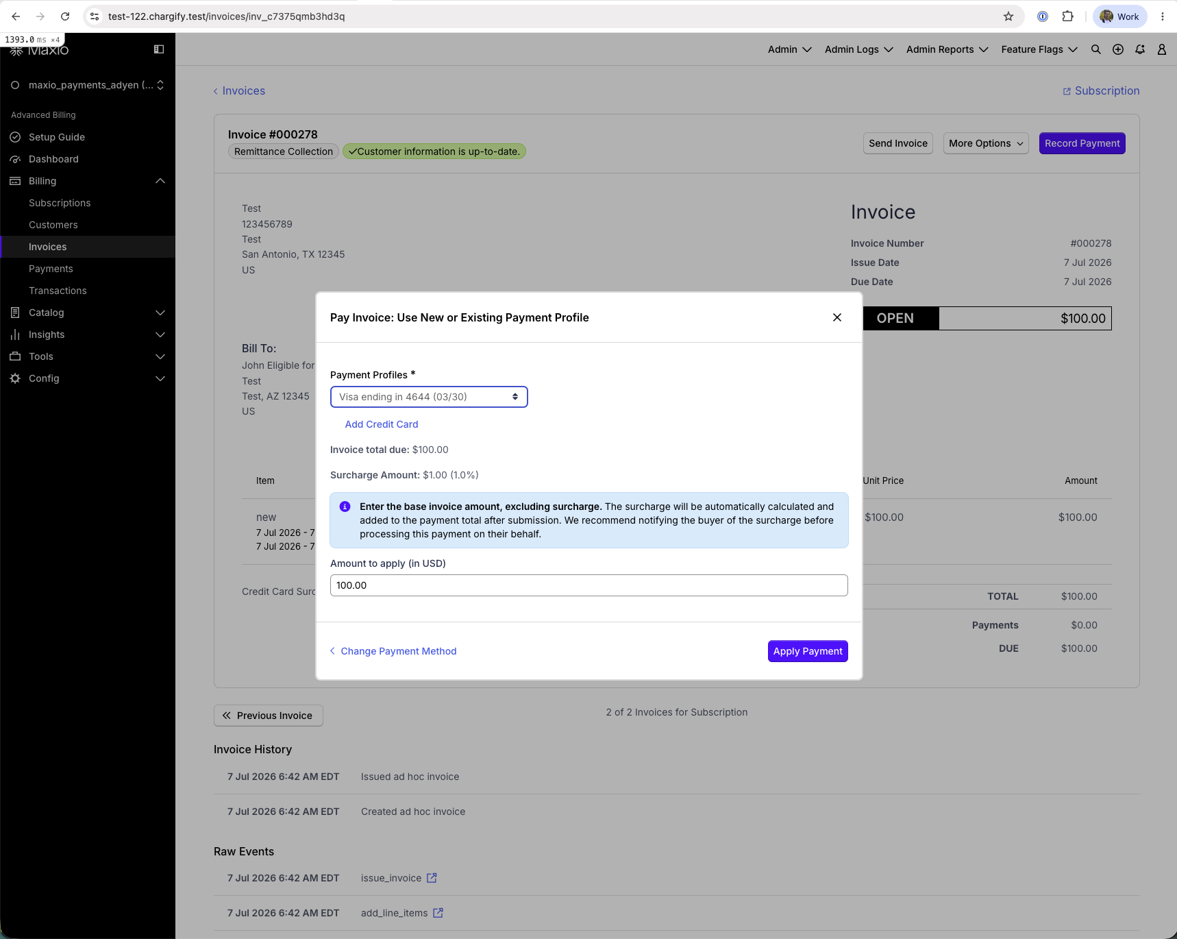 Pay Invoice modal showing a Surcharge Amount of $1.00 (1.0%) and a disclosure notice above the Amount to apply field