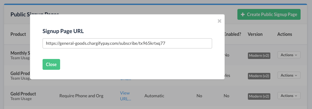 the Signup Page URL popup open over the Public Signup Pages list, showing the page's subscribe link