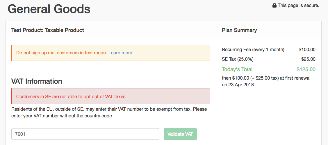 a signup page after a valid VAT number is accepted, with the tax line gone from the Plan Summary