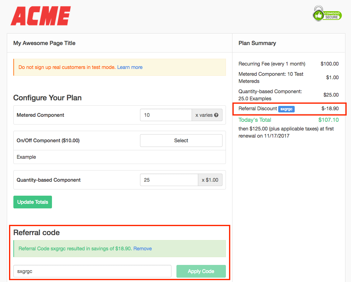 a signup page with a referral code applied, the saving echoed as a referral discount in the Plan Summary