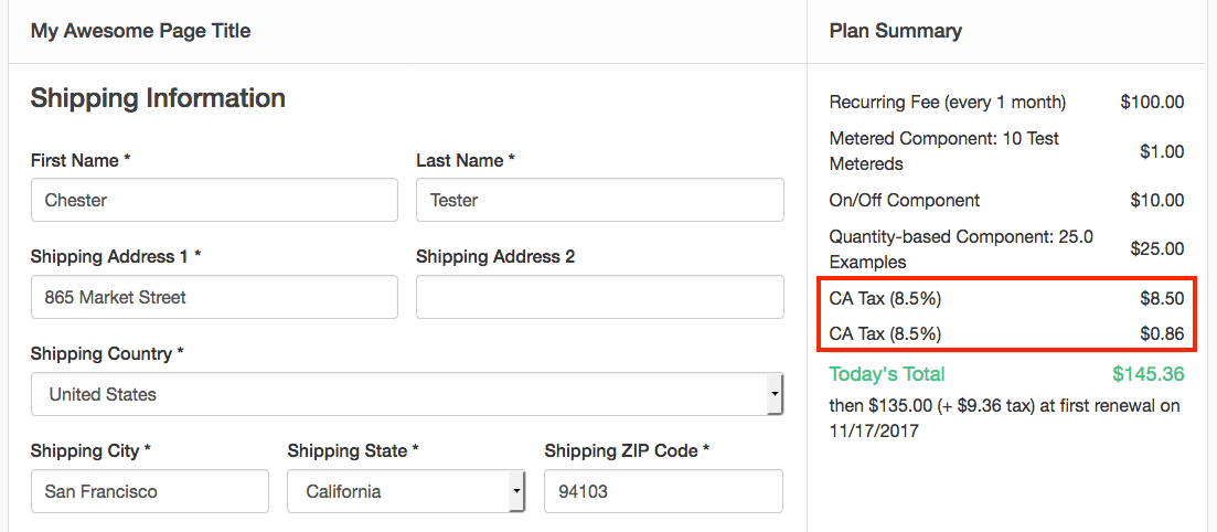 a signup page where entering a shipping address adds a CA Tax line to the Plan Summary