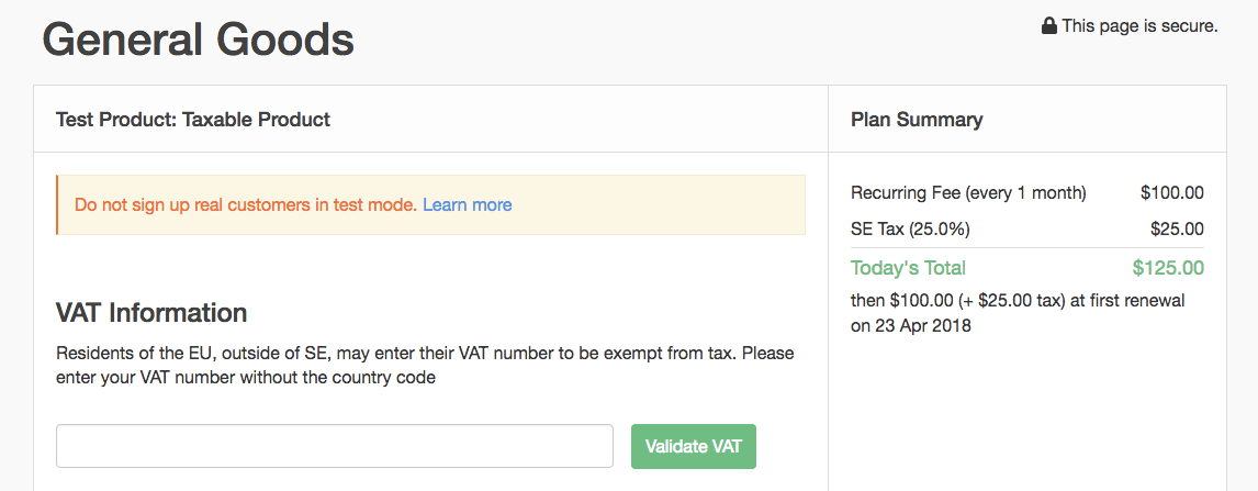 a signup page's VAT Information section, where an EU subscriber can enter a VAT number, beside a Plan Summary charging 25 percent tax