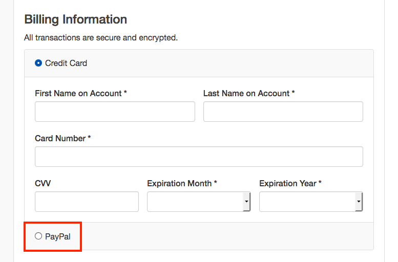 the Billing Information section with PayPal outlined as an alternative to Credit Card