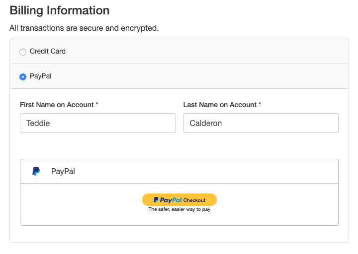 the Billing Information section with PayPal selected, the card fields replaced by a PayPal Checkout button