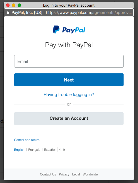 the PayPal login window that opens for the subscriber to enter their PayPal credentials