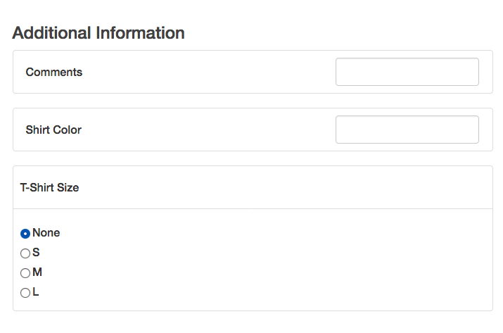 the Additional Information section, showing merchant-defined custom fields for comments, shirt color and size