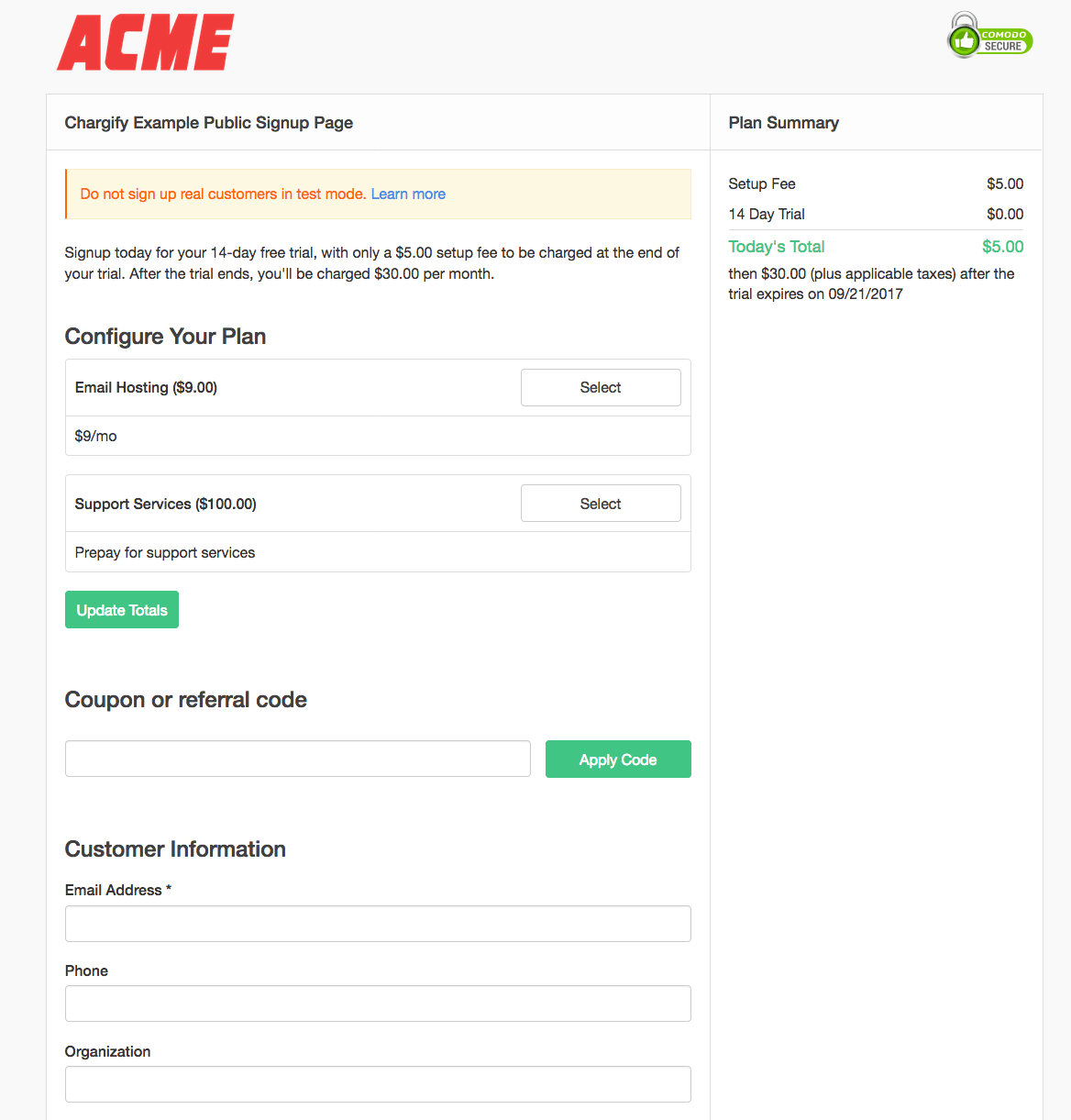 a complete Public Signup Page, plan configuration and customer information on the left and a Plan Summary on the right