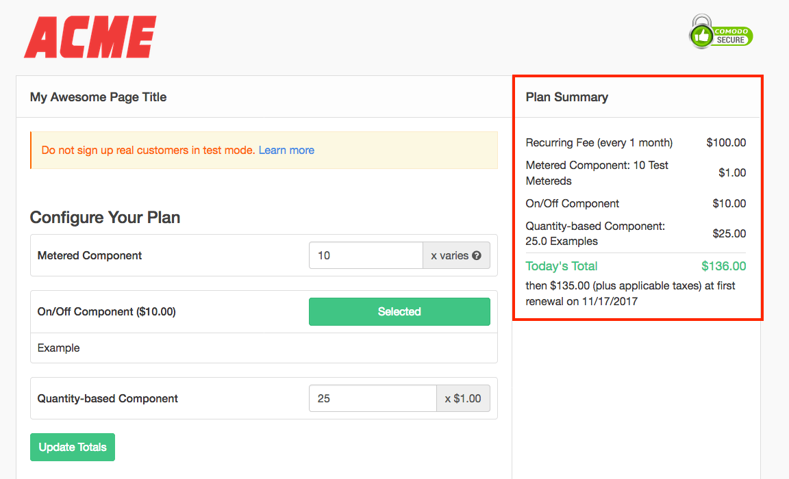 the plan section offering a metered, an on/off and a quantity-based component, with their charges outlined in the Plan Summary
