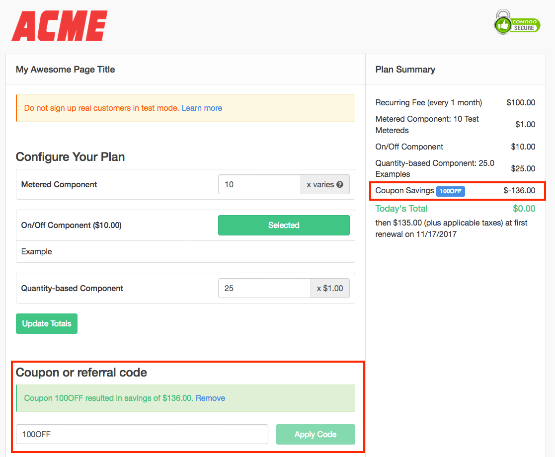 a signup page with a coupon applied, the discount shown both in the coupon box and as a savings line in the Plan Summary
