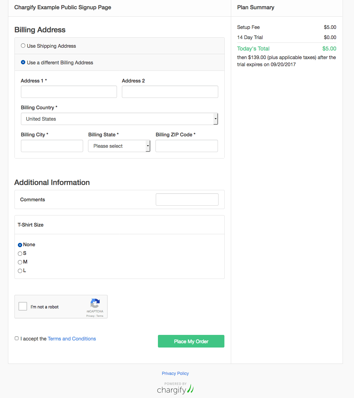 the Billing Address section, offering to reuse the shipping address or enter a separate one