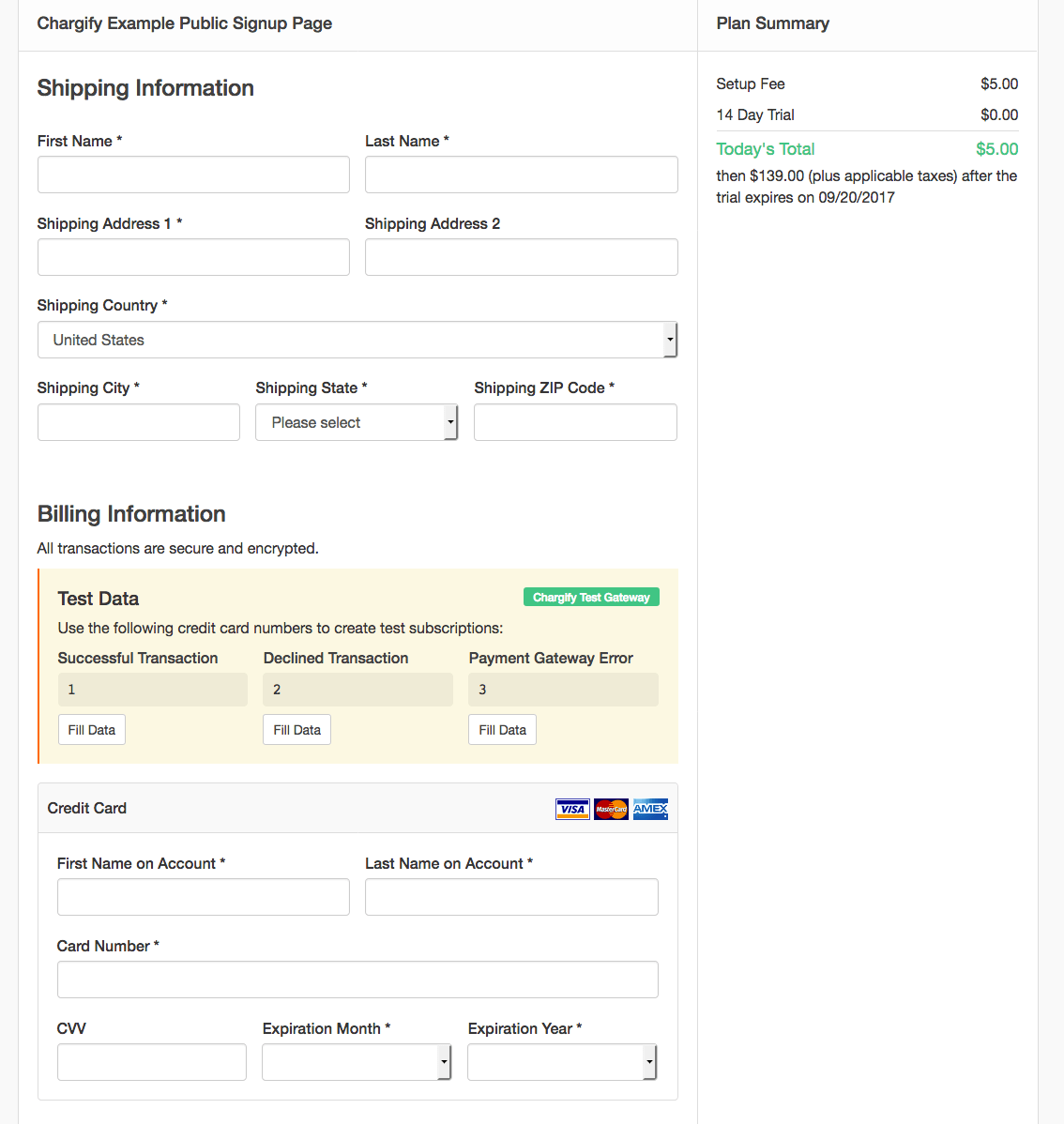 the Shipping Information form on a signup page, above the billing and credit card sections