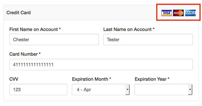 the credit card section of a signup page, with the accepted card badges outlined above the card fields