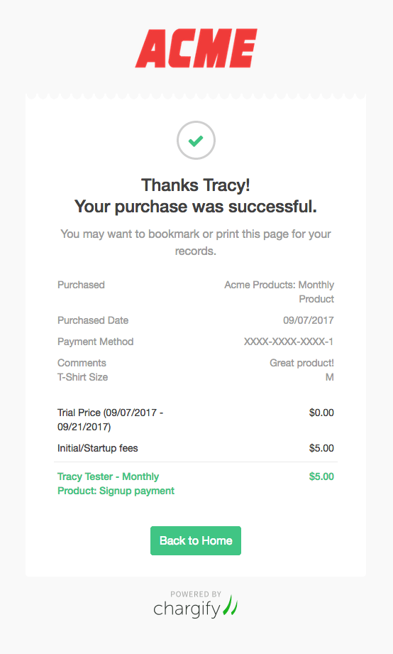 the receipt page confirming a successful purchase, itemizing the trial price and the startup fee